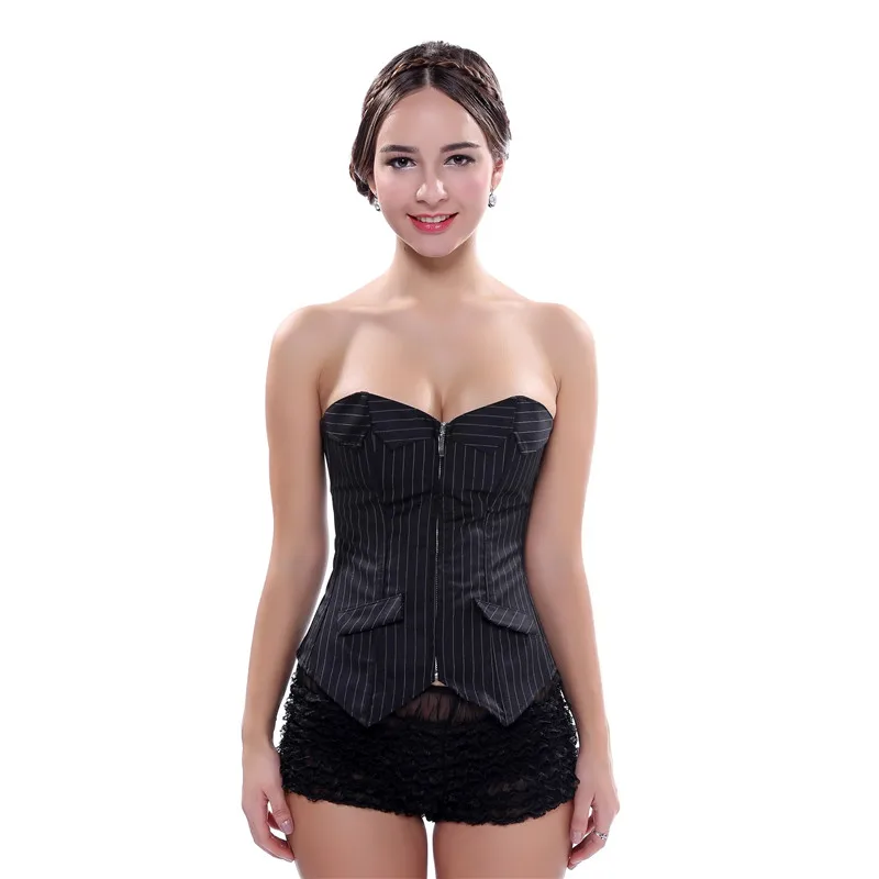 Sapubonva Sexy Black Striped Overbust Corset Office Lady Corselet Sexy Women Zip Corset Bustier Strapless Tops Costume Fashion