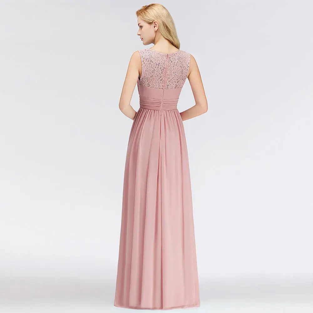 New Arrival Pink Lace Chiffon Long Evening Dress Sexy Illusion Back Abendkleider Ruched Evening Gown Robe De Soiree