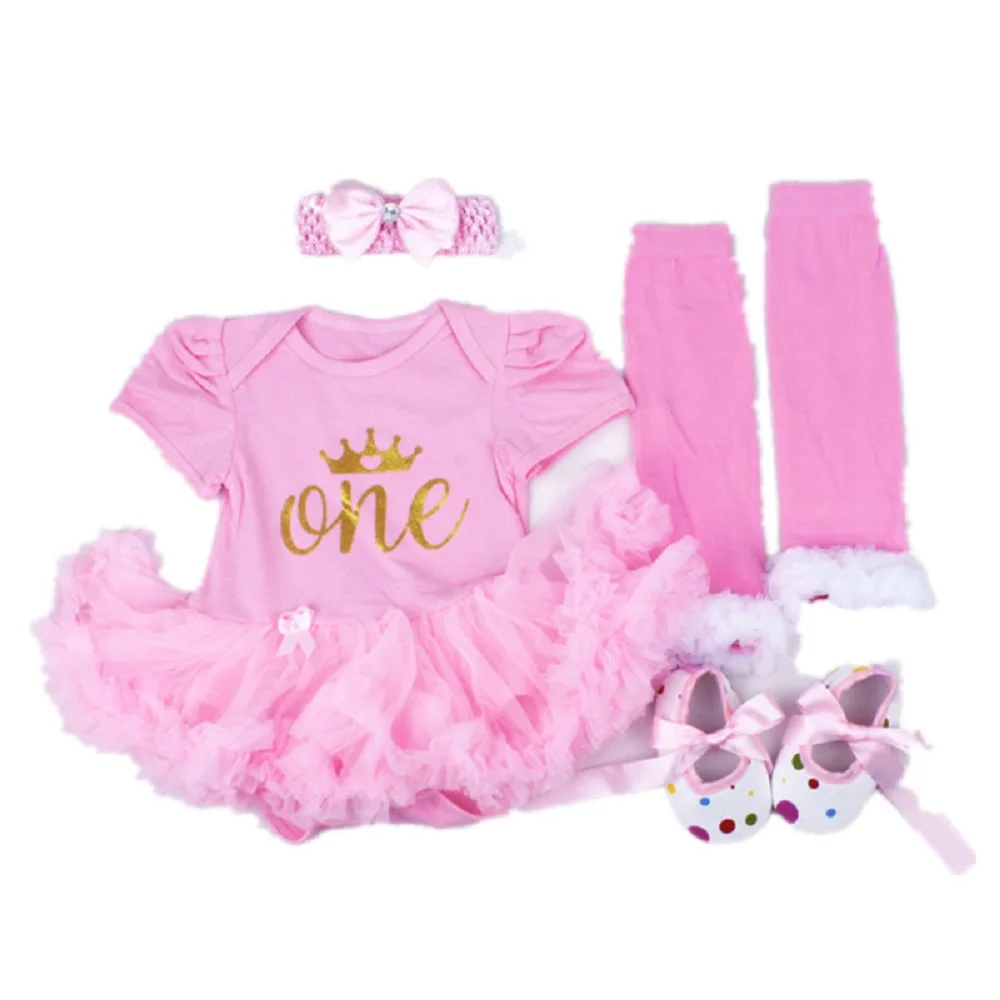 Lace Baby Girl Clothes 4 in 1 Sets Girls Tutu Dress Bodysuit Leg Warmer First Walker Headband 1st Birthday Costumes Infant Shirt