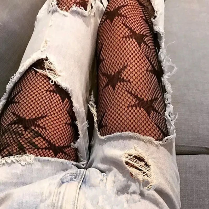 SP&CITY  Fashion Cool Star Printed Fishnet Tights Hollow Out Sexy Mesh Pantyhose Punk Pattern Pantyhose Black Women Tights