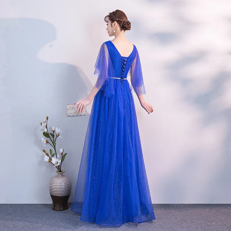 Ladybeauty New Simple Prom Dress V-neck Blue Shining Evening Party Gown Custom Formal Dresses Robe De Soiree