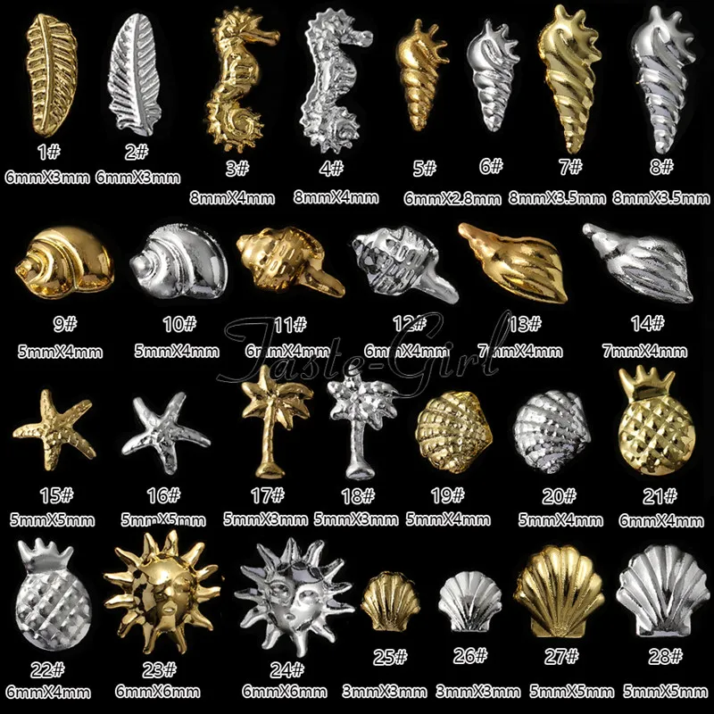 500PCS Ocean Seashell Starfish Feather 3d metal gold silver nail art decoration tips DIY Manicure Metallic Studs Rivets