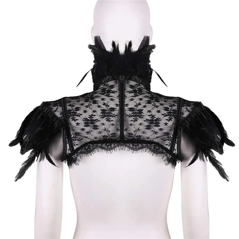 Women Retro Vintage Punk Gothic Feather Collar Shoulder Lace Cape Bolero Jacket Shrug Tops Halloween Party Goth Rave Costumes