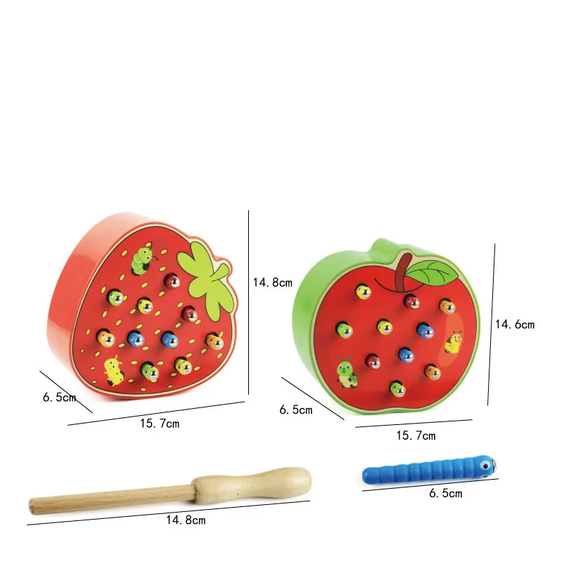 เด็กของเล่นไม้3D ปริศนาของเล่นเพื่อการศึกษาเด็กปฐมวัยจับเกมหนอนสี Cognitive แม่เหล็กสตรอเบอร์รี่ Apple