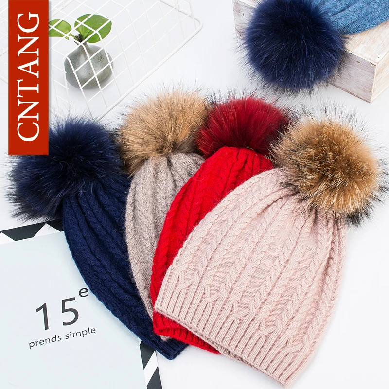 CNTANG Autumn Winter Women\'s Rabbit Fur Knitted Twist Hats Fashion Warm Caps With Natural Fur Pompom Female Hat Skullies Beanies