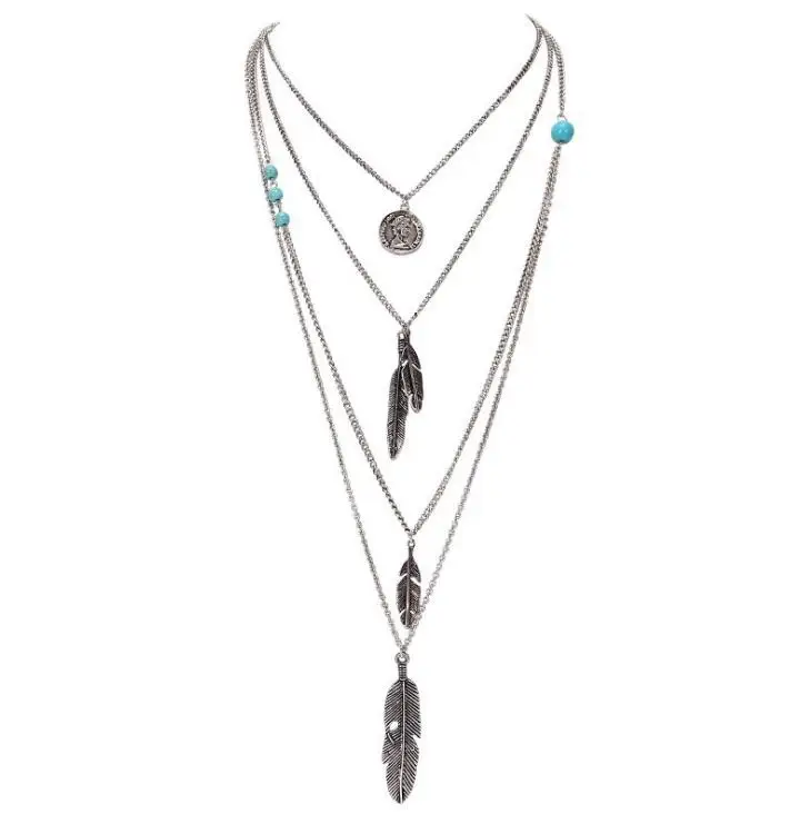 New Brand Fashion Boho Multilayer Feathers Bijoux Charm Necklaces Beads Maxi Necklace Jewelry N60