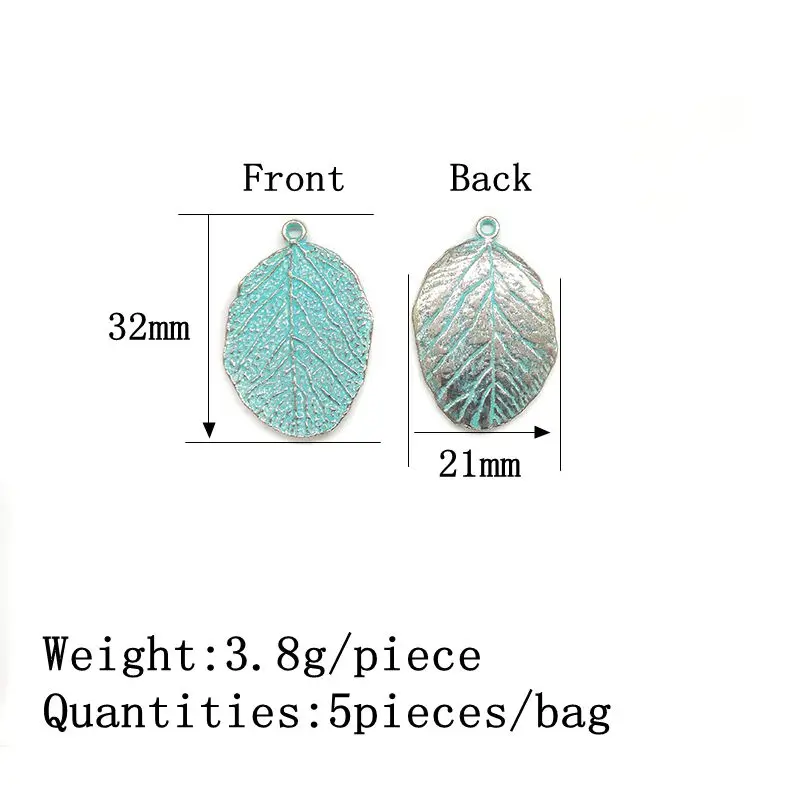 2025 New 5 Pieces 32mm Retro Patina Plated Zinc Alloy Green Leaves Charms Pendants for DIY Necklace earrings Jewelry Accessories