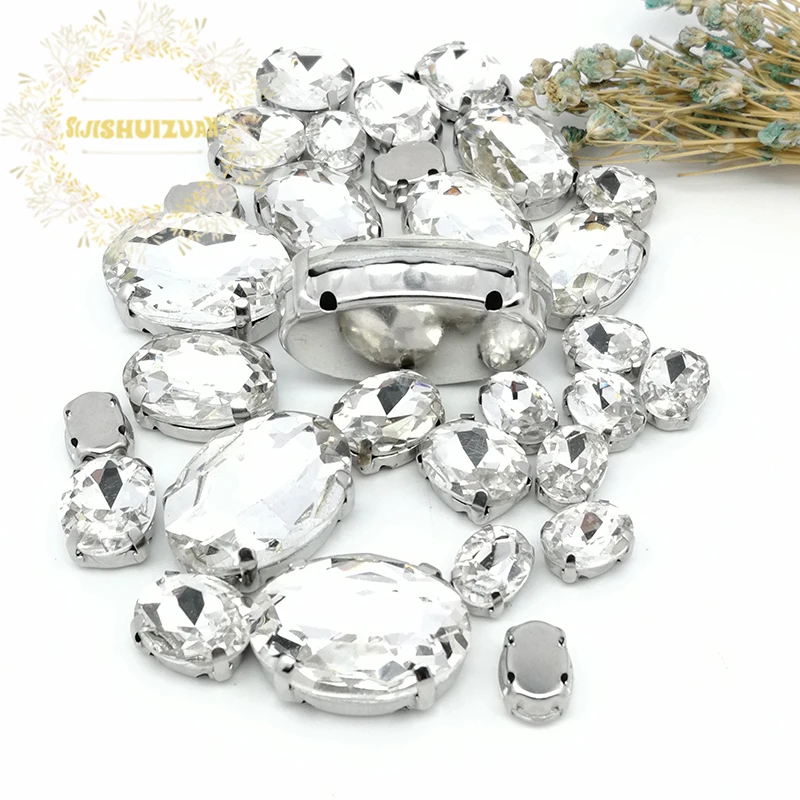Impostazione artiglio d\'argento 30 pz/borsa forme ovali bianche Mix Clear Gass Crystal Sew On strass abito da sposa scarpe borsa fai da te Trim