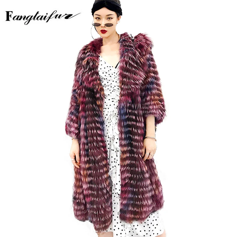 

Ftangaiur Winter Women Import Fox Fur Coat Slim Turn-Down Collar Soft Striped Fur Coats Women Real X-Long Fox Fur Coats