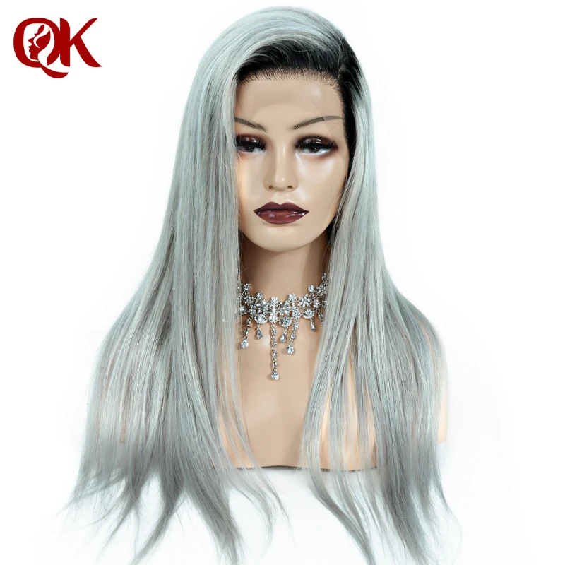 QueenKing hair Lace Front Wig 150% Density Ombre T1B Grey Silky Straight Preplucked Hairline 100% Brazilian Human Remy Hair