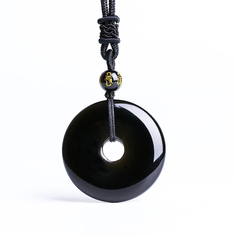 Natural Stone Obsidian Round Peace Clasp Pendants Necklace Trendy Jewelry black Glossy Safety Button Pendant With Lucky Chain