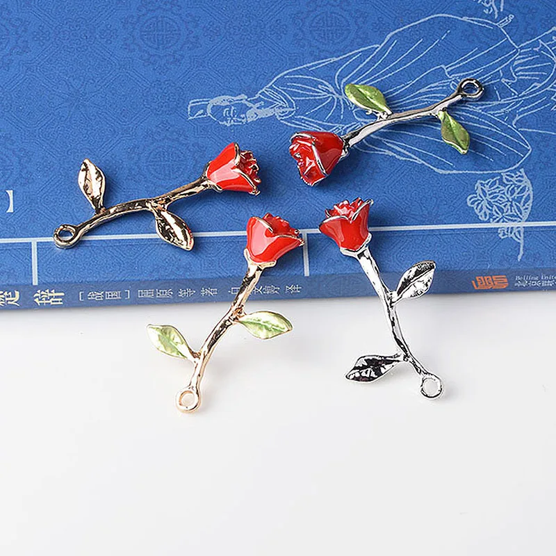 50PCS 25*40mm Gold tone Alloy Material Enamel Rose Flower Charm Pendant for Wedding Head DIY Handmade Jewelry Making