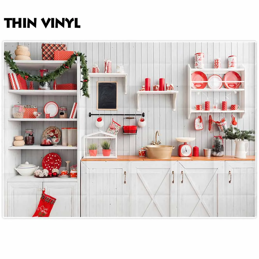 Allenjoy Christmas Kitchen House Background Wood Cupboard Photo Studio Child Cook Backdrop Photography Decoration Photocall