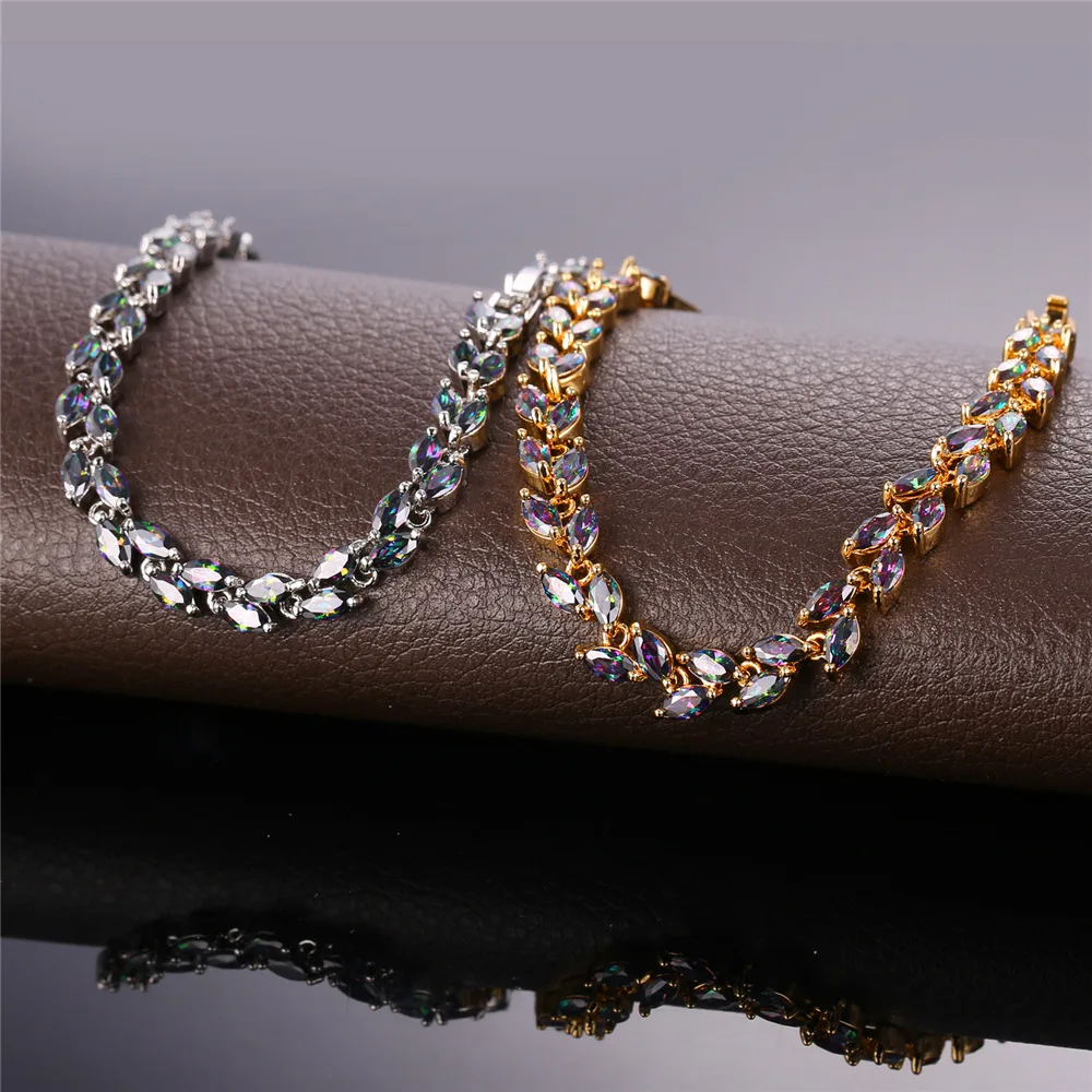 U7 French Romantic Zirconia Leaf Bracelet For Women Trendy Gold/Silver Color Jewelry Shiny Colorful Tennis Bracelet QC24