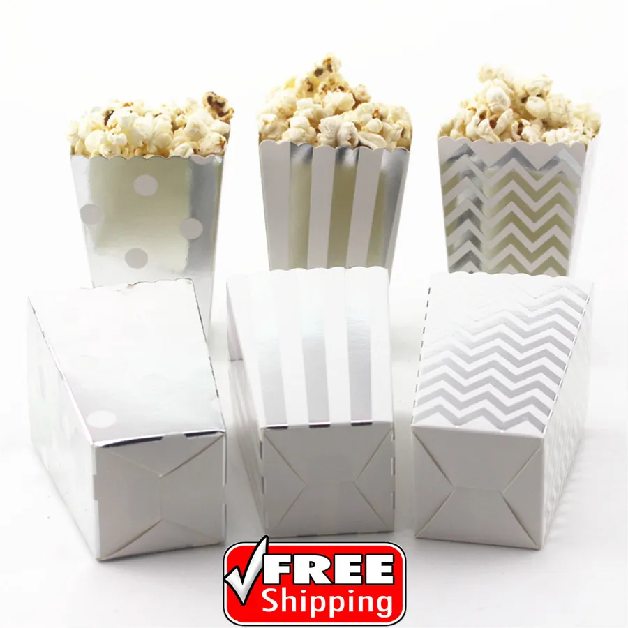 36pcs Mix 3 Designs Metallic Silver Foil Striped Polka Dot Chevron Paper Popcorn Boxes-Movie Night Party Favor Candy Snack Treat