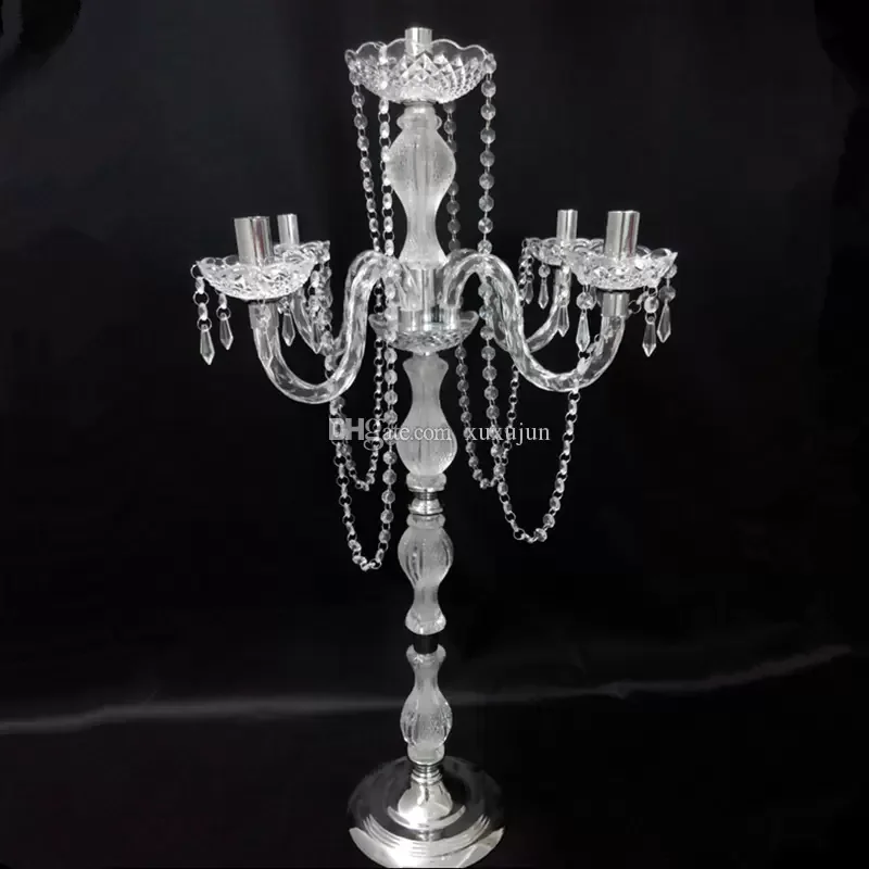 

1 lot = 10 unids. New arrival 90 cm HEIGHT 5 Arms metal candlesticks with Crystal Earrings Acrylic Candle Holder Wedding centerp