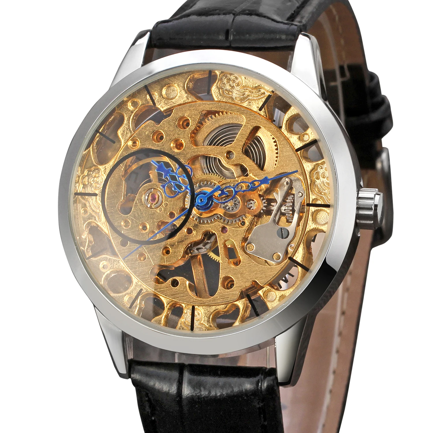 2019 Winner Men\'s Top Brnad Fashion Hand-wind Mechanical Skeleton Leather Casual Round Wristwatch Color Black Luxury Gold Clock