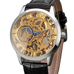 2019 Winner Men's Top Brnad Fashion Hand-wind Mechanical Skeleton Leather Casual Round Wristwatch Color Black Luxury Gold Clock