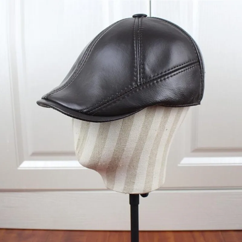 

New Leather Elderly Male Beret Hat Autumn Winter Genuine Leather Warm Ear Protection Cap Men's Women Fashion Berets Caps H6965