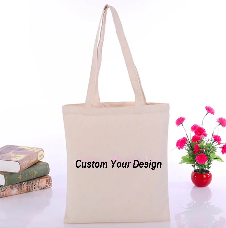 

100 pcs/lot Customized Logo Tote Bag Cotton Women Shopping Bag Casual Plain Nature Cotton Canvas Shoulder Bags No Zipper Inside