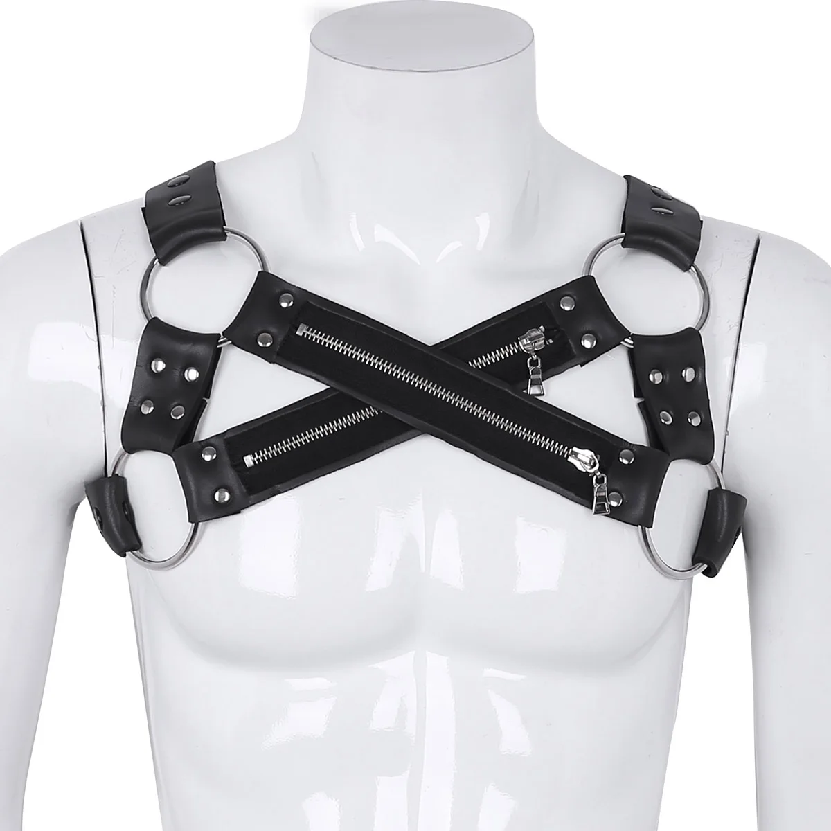 Faux Leather Harness Mens Lingerie Night Clubwear Shoulder Body Chest Muscle Harness Belt Male Costume Straps With Metal O-rings