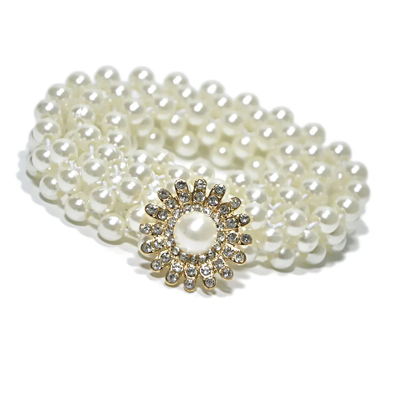 

2019 New Fashion Women Rhinestone Gold wedding Belt Adult Casual Pearl Korean Elastic Waist Chain Belts for Lady Belts Bg-286