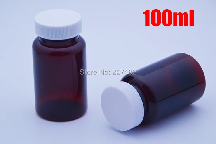 

100pcs 100ml Amber PET Medicine Bottles,Capsules/Pills/Powder/Vitamin Plastic Bottles with White Colors Flat Screw Caps