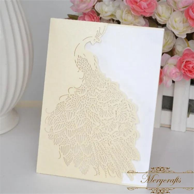 

Mery unique blush shyness peacock design laser cut ivory pearl invitation wedding cards