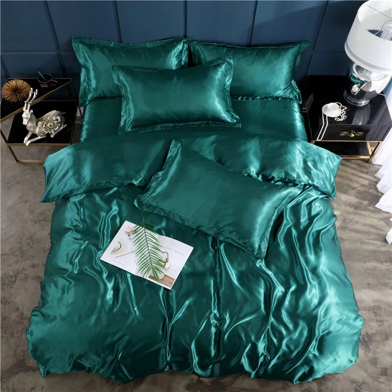 3/4Pcs Luxury Satin Bedding Sets Twin Queen King Size Grey Green Duvet Cover Pillowcase Solid Color Sets Plat Sheet Bedclothes