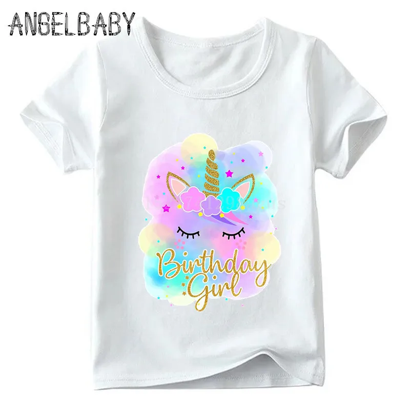 

Happy Birthday Girl Unicorn Face Cartoon Print T-shirt Children Summer Short Sleeve Tops Kids Funny Present Baby T shirt,HKP5249