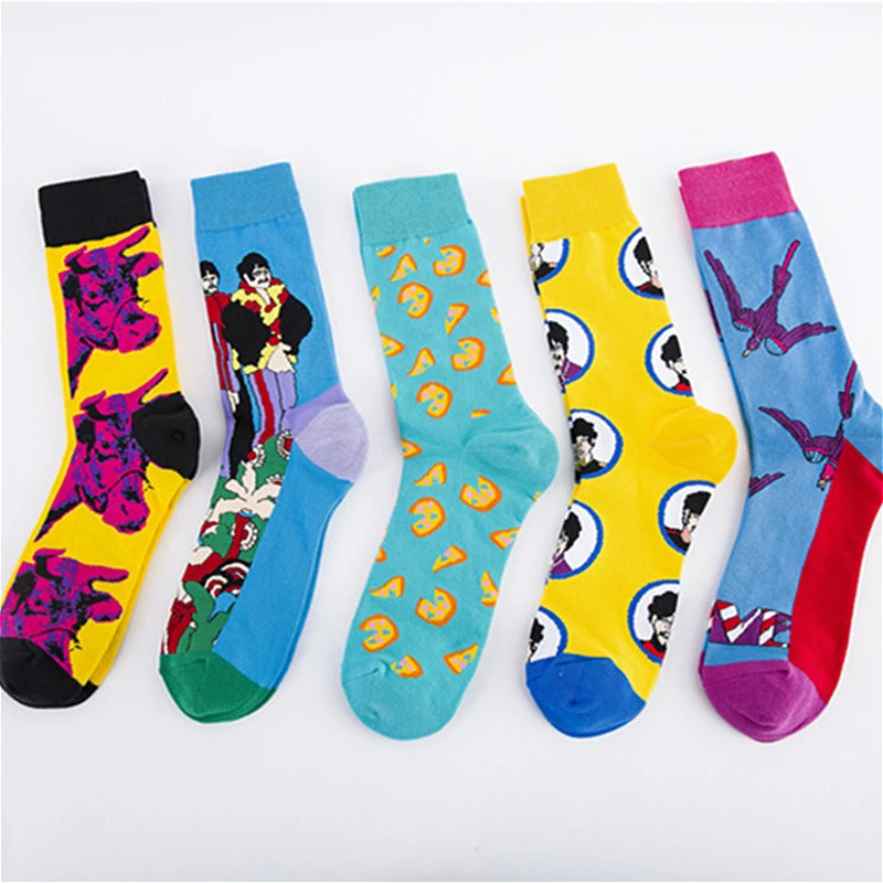 5pairs/lot Fashion Korean Style Socks Men Novelty Cotton Socks Pizza Character Printing New Spring Sokken For Christmas Gift