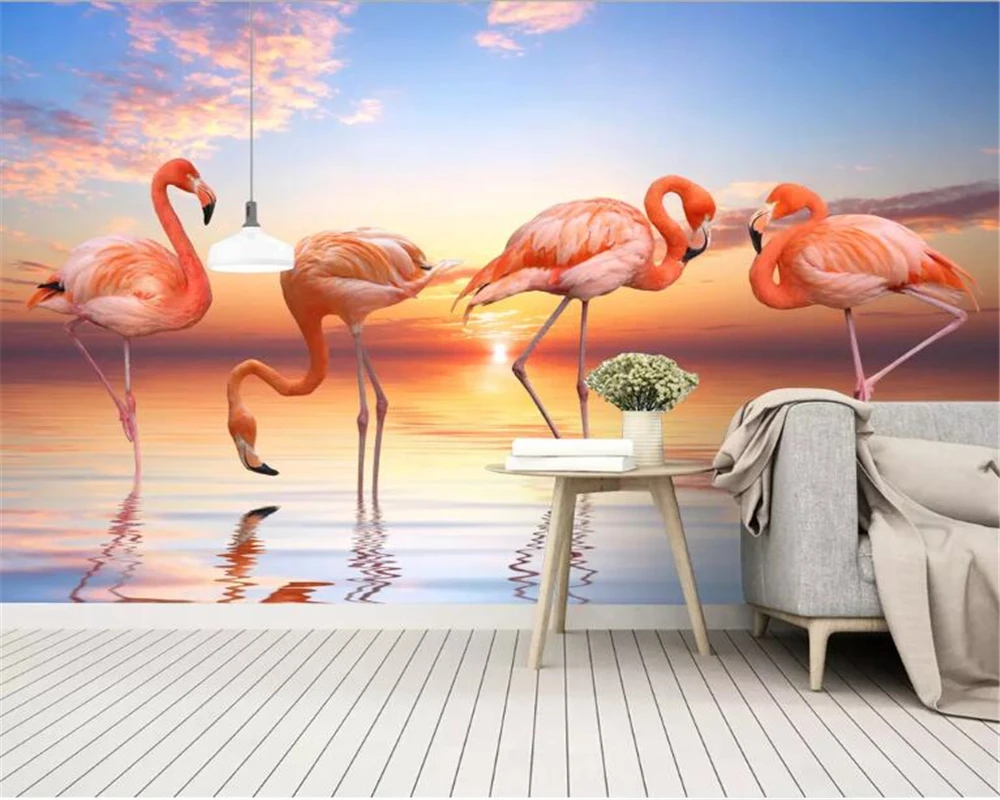 

Beibehang Custom wallpaper mural Nordic small fresh sunset lake flamingo pastoral artistic background wall 3d wallpaper tapety