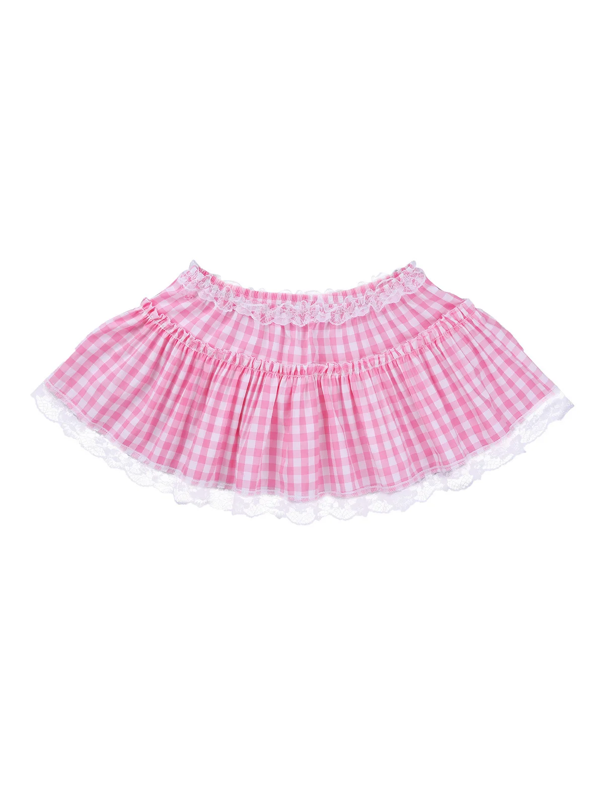 Female Women Skirt Unisex Men Women Elastic Waistband Short Skirt with Lace Hem Pleated Gingham A-line Mini Skirt for Daily Wear