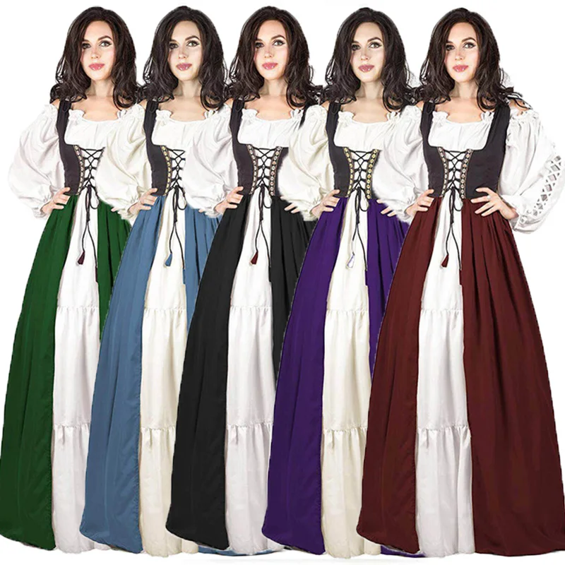 High Quality Renaissance Medieval Costume Adult Women Fitted Bodice and Dress Halloween Carnival Cosplay Costume S-XXXXXL 5XL