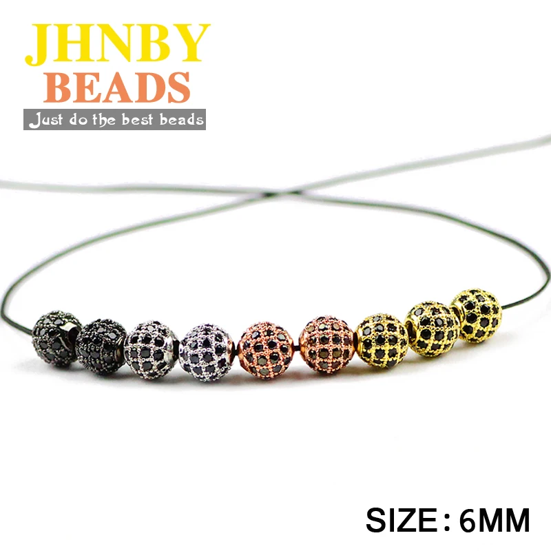 JHNBY Black Zircon Copper Spacer Beads Ball 4pcs 6/8/10mm Round Pave CZ Crystal Loose Beads Jewelry Bracelet Making DIY Findings