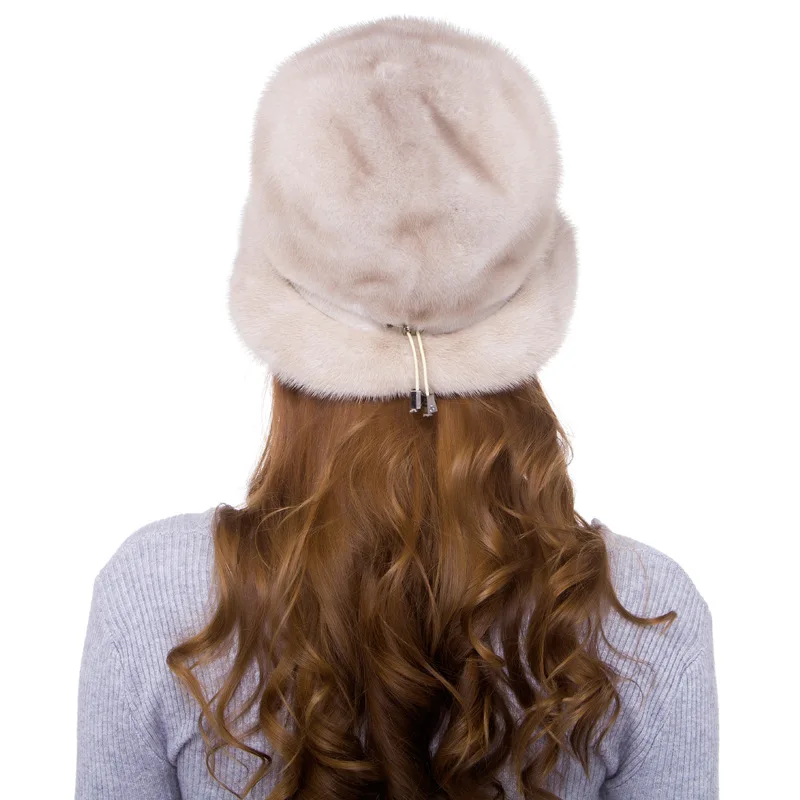 

Luxury Handmade Winter Women's Genuine Wholeskin Mink Fur Fedoras Hats Adjustable Belt Lady Warm Caps VF5051
