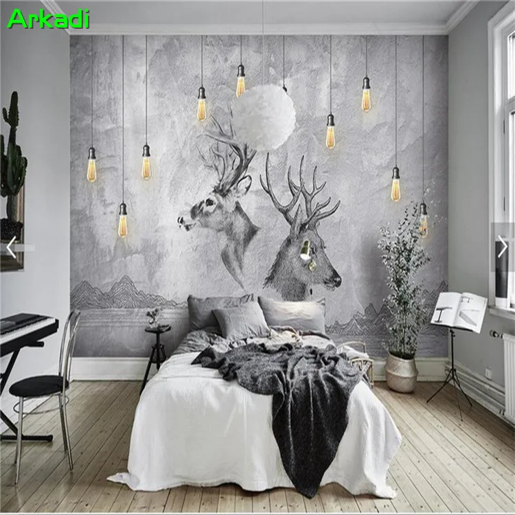 Nordic simple chandelier TV background wall paper warm bedroom animal deer wall cloth cement wall retro art wallpaper mural