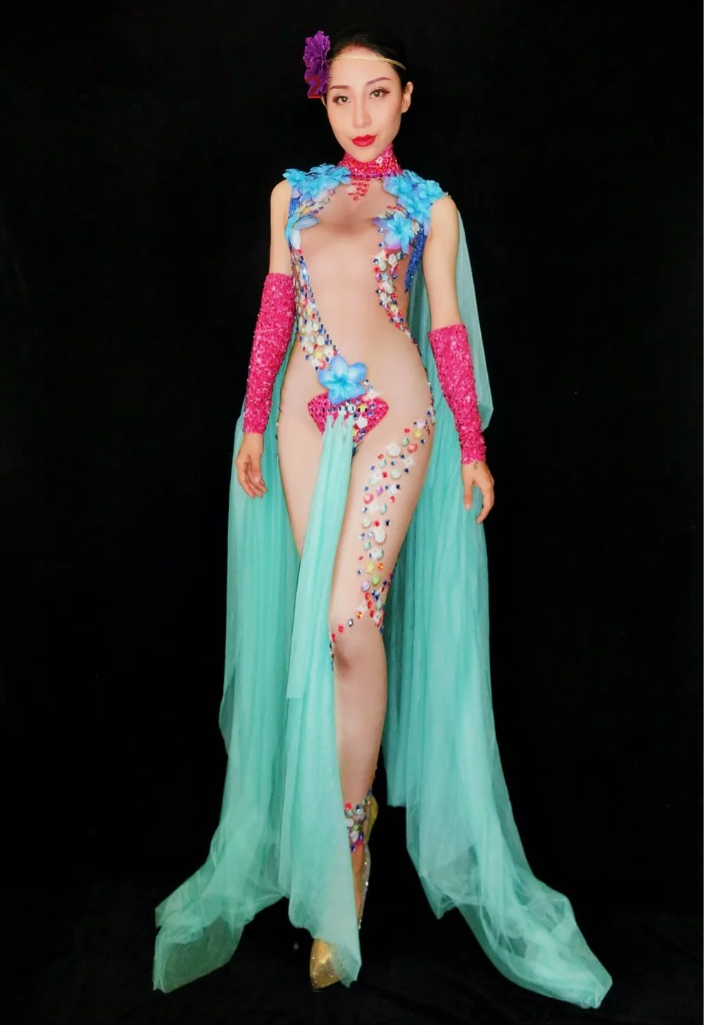 ドラッグクイーンコスチューム リーディングダンス セクシー ステージウェア シャイニー クリスタル ガーゼスリーブ ジャンプスーツ パフォーマンス パーティー レイブ衣装