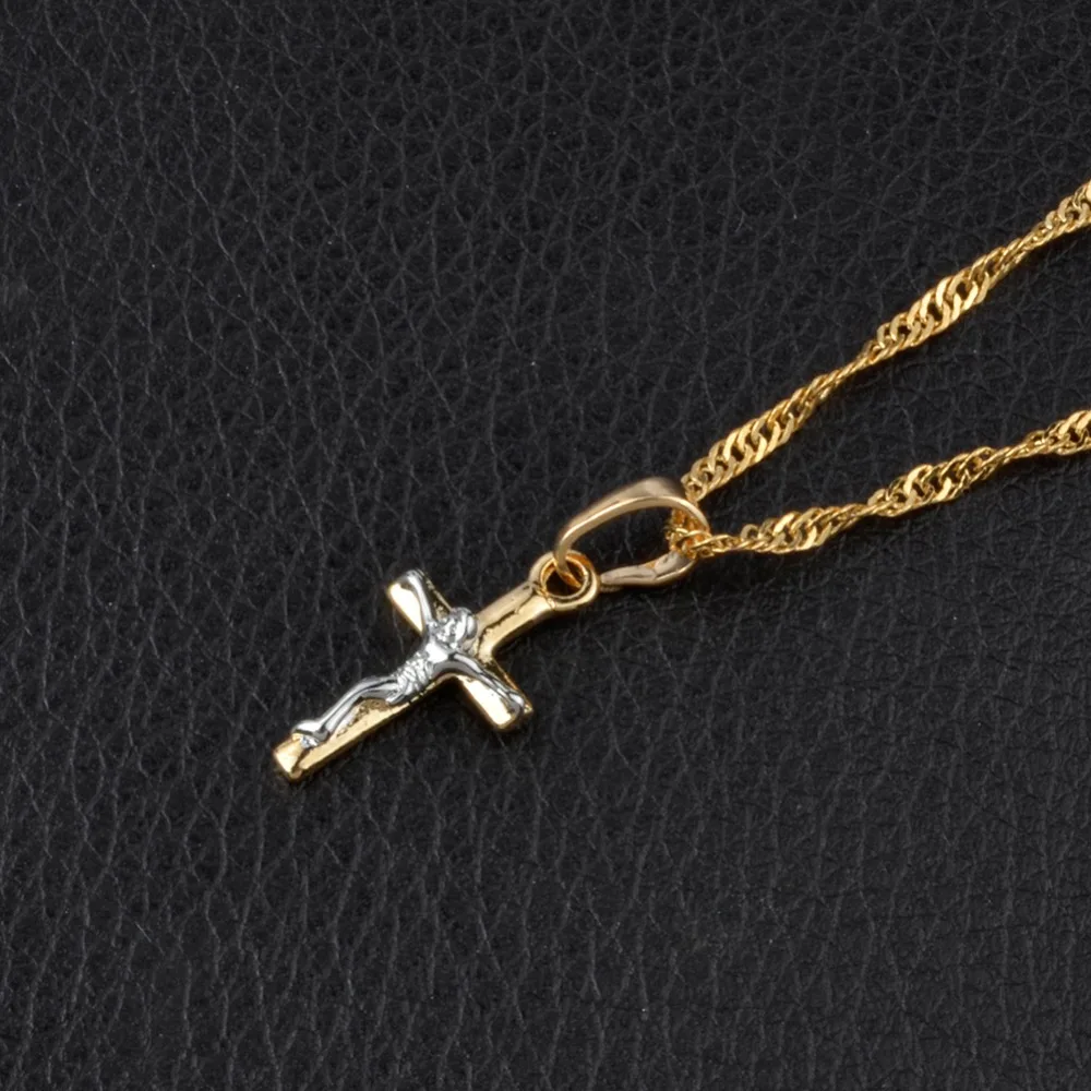 Anniyo 1.7CM MINI Two Tone Jesus Cross Pendant Necklaces for Women Girl Christian Religion Charms Small Jewelry @@061504