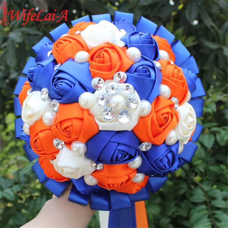 Ivory Royal Blue Wedding Bouquet Pearls Beaded Crystal Pretty Silk Rose Holding Flowers Bridal Bouquet Accept Custom W270