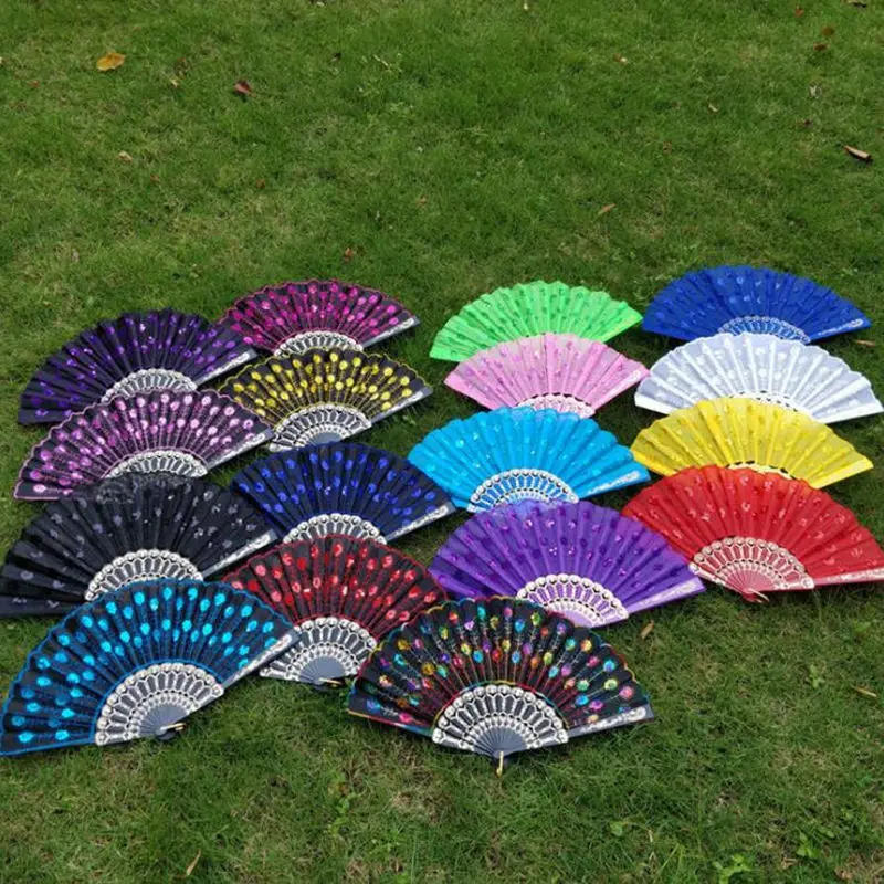 Art Folding Peacock Tail Feather Plastic Bone Sequins Carved Hand Fan Summer Accessory Crafts F20174031