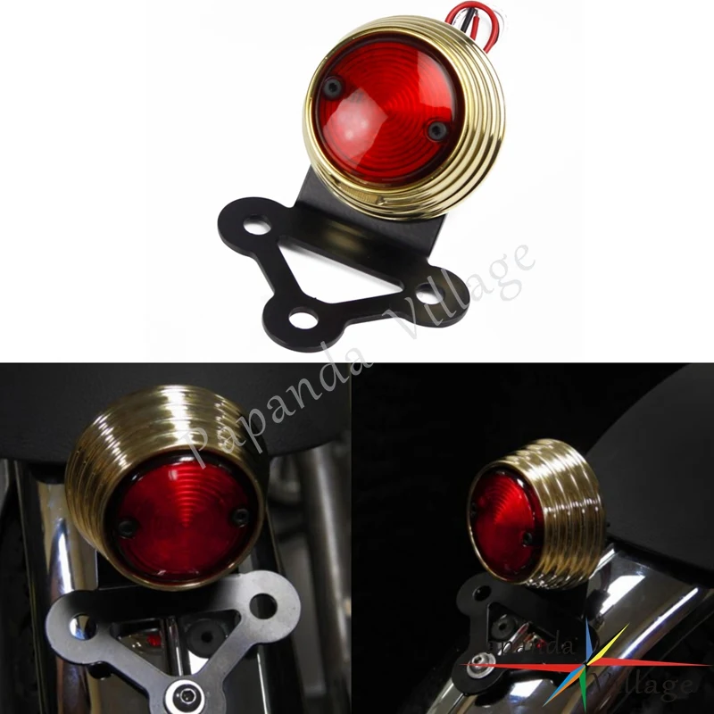 

Brass Motorbike 12V Brat Style Ribbed LED Dual Rear Tail Light Run Brake Light Universal for Harley Chopper Cafe Racer Bobber