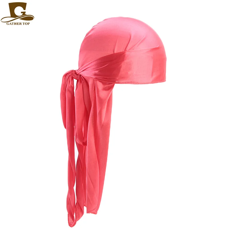 Wholesale Durag silk Long Tail Scarf Cap Men\'s Satin Durags Bandanna Turban Wigs Men Silky Durag Headwear Pirate Hat 13 colors