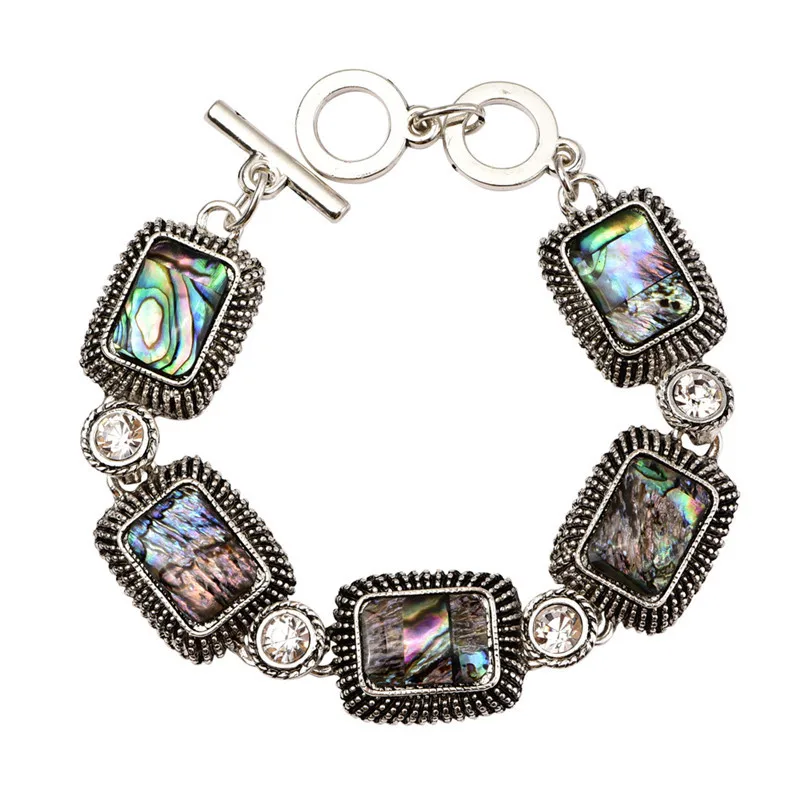 Vintage Ancient Silver Ethnic Style Retro Square Abalone Shell Rhinestone Bracelet Lady Jewelry