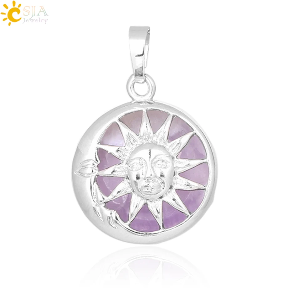 CSJA Moon Sun God Pendant for Necklace Amulets Silver Color Box Natural Stone Round Beads Crystal Quartz Women Men Jewelry F371