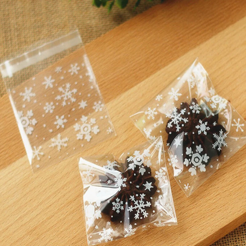 Hot Sale 50Pcs/lot New Arrival 10x10cm Clear Christmas Snowflake Cookie Bag,Plastic Cellophane Self Adhesive Seal for Gifts Bag