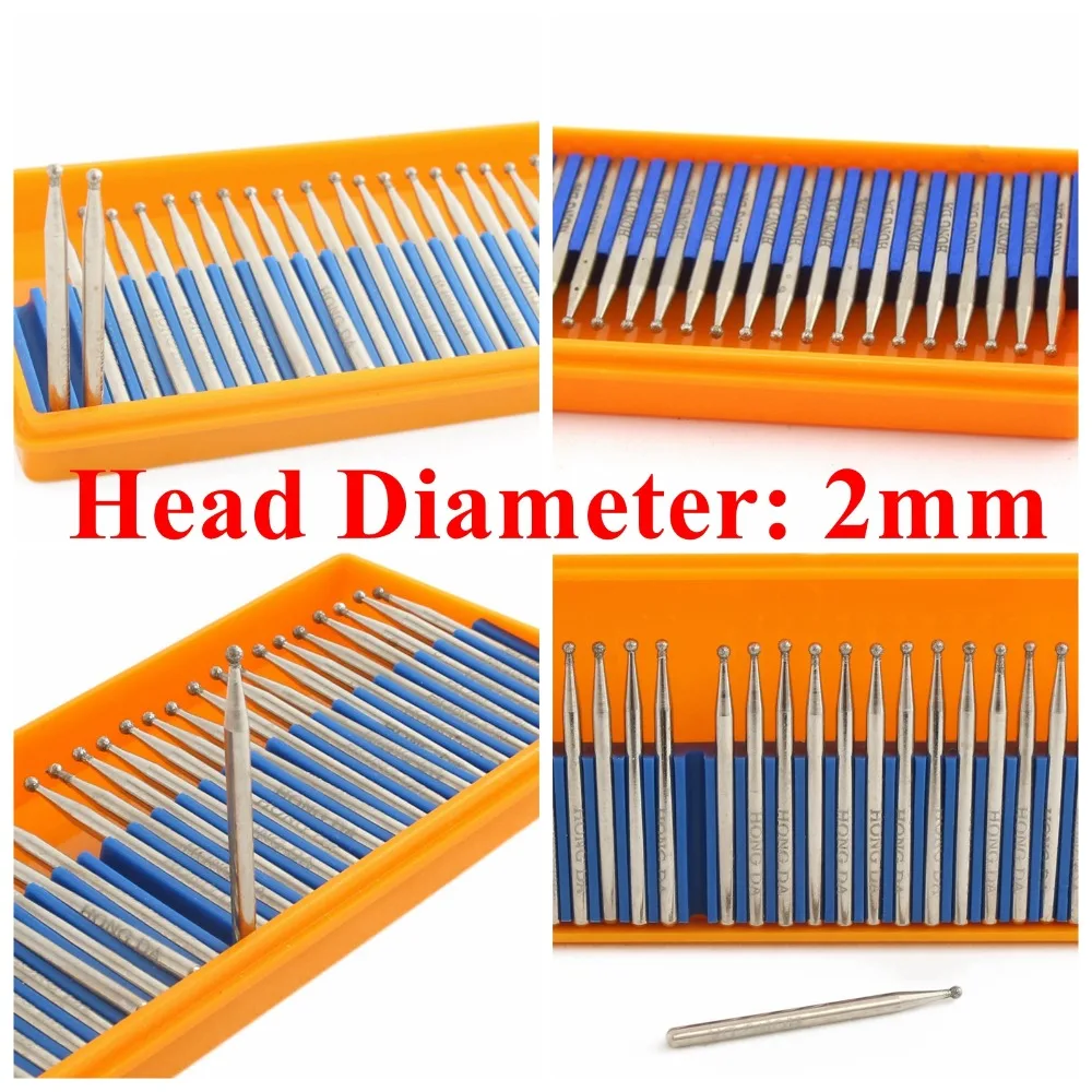 30 pz fresa diamante testa di molatura forma rotonda 1 1.5 2 2.5 3mm bit rivestito palla intaglio sbavature gambo 2.3 strumenti per pietra