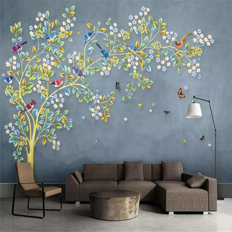 

Custom 3d Wallpapers Birds Floral Romantic Tree Fashion Sofa Living Room TV Family Art Background Wall Silk Waterproof Material