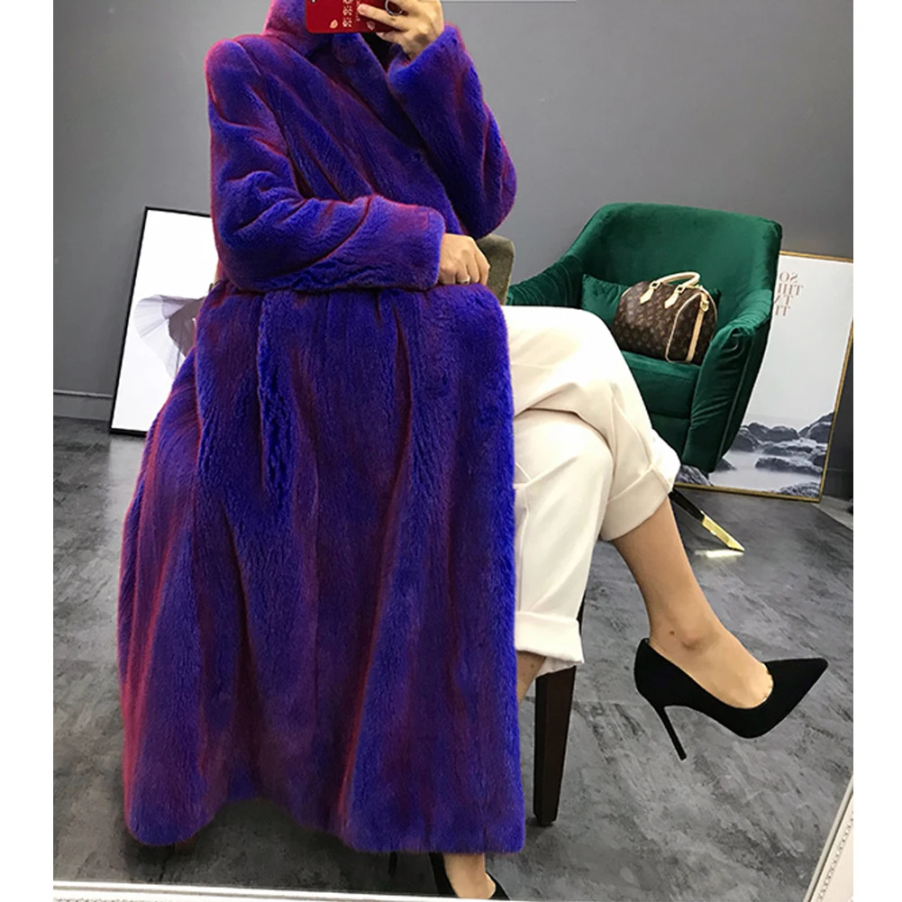 2019 New Women's Mink Fur Coat Women's Fashion Long Outwear Mink Fur Jacket Women's Purple Thick Fur Coat