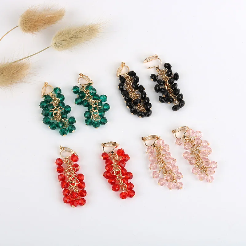 New Fashion Handmade Grape Bunches Luxury Crystal Beads Clip Earrings Without Piercing For Female Wedding Party Ear Clip Jewelry